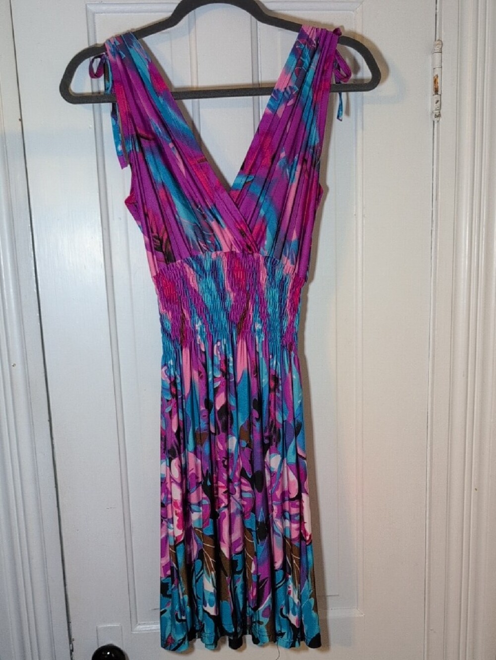 Purple & Teal Floral Midi Dress with Smocked Waist - Picture 2 of 5